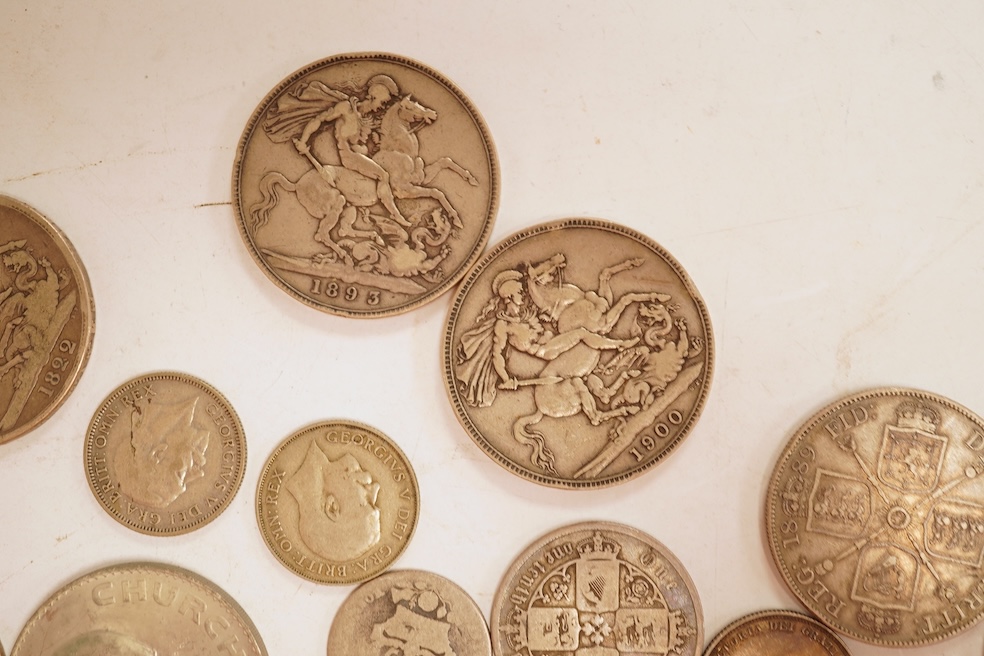 British coins, including silver crowns, George III, Victoria, George V, Victoria double florins, etc.